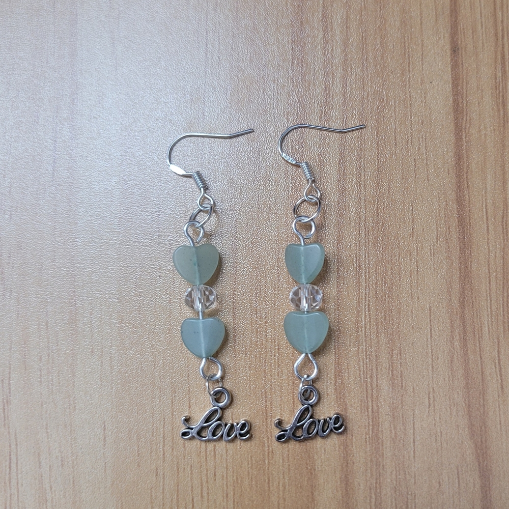 Green and Silver Dangling Earrings with Love Charms